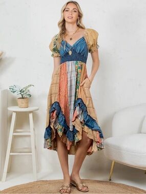 NWT Fair Trade Vegan Ruffled Asym Patchwork Boho Hem Midi Dress Sweet heart neck